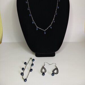 Blue Pearl Stainless Steel Necklace Bracelet Earring Set Quiet Luxury Old Money